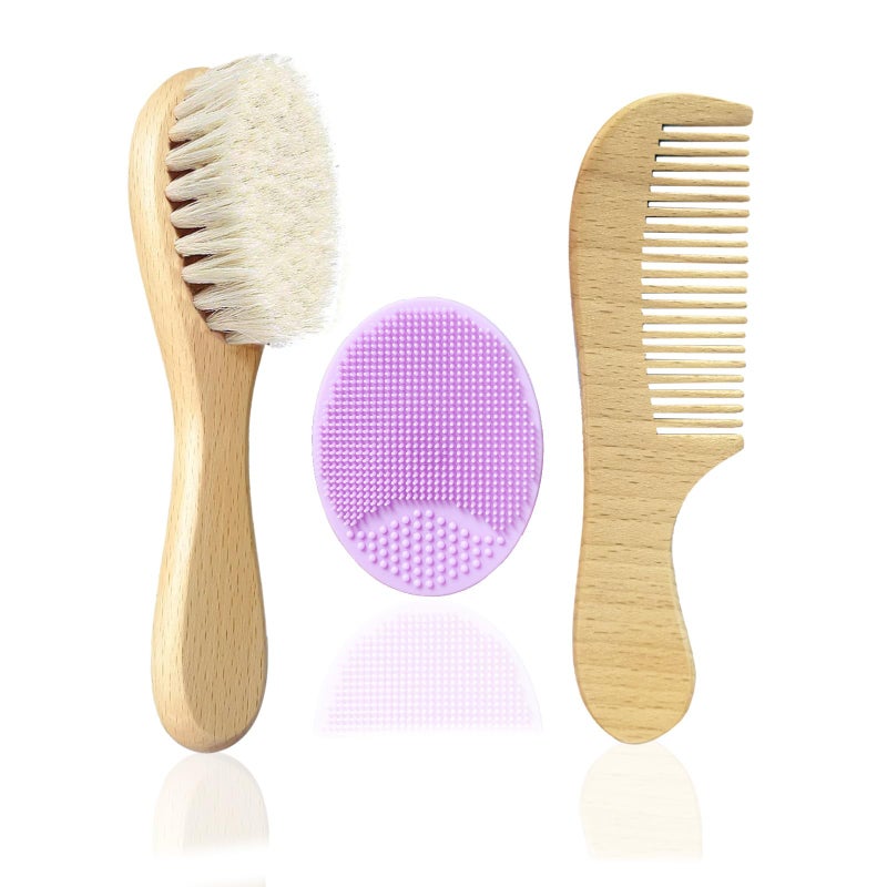 Molylove Baby Hair Brush with Wooden Handle and Comb Set for Newborns & Toddlers | Natural Soft Goat Bristles l Wood Comb l Purple Silicone Brush| Ideal for Cradle Cap (3 Piece) - Image 1